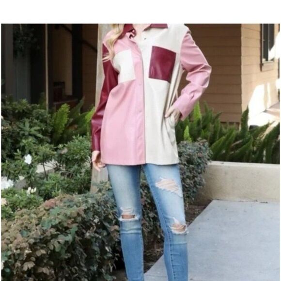 Colorblock Faux Leather Shirt Jacket Shacket 90s 70s Snap button Y2K M - Picture 2 of 16